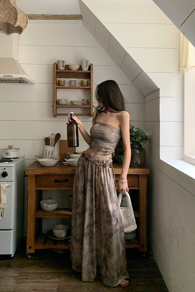 Summer Apricot Vest Skirt Womens Tie-dyed Two Piece Set Fashion Y2K Belt NEW Female Temperament Elegant Party Long Dress