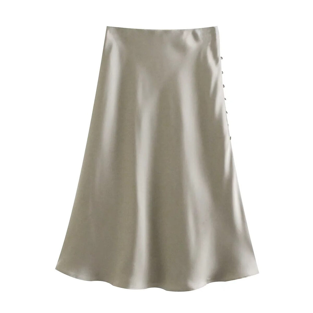 woloong  Summer Women Satin Elastic Waist Side Slit A-Line Skirt New Fashion Lady Button Decoration Falda Midi LUJIA ALAN P1597