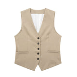 Linen V-neck Vest High Waist Shorts Sets Single Breasted Sleeveless Blazer Shorts 2 Pcs Set Women Fashion Commuter Suits