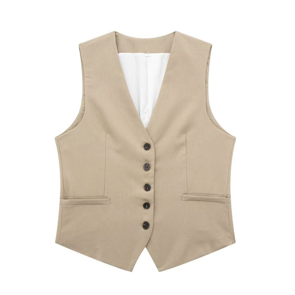 Linen V-neck Vest High Waist Shorts Sets Single Breasted Sleeveless Blazer Shorts 2 Pcs Set Women Fashion Commuter Suits