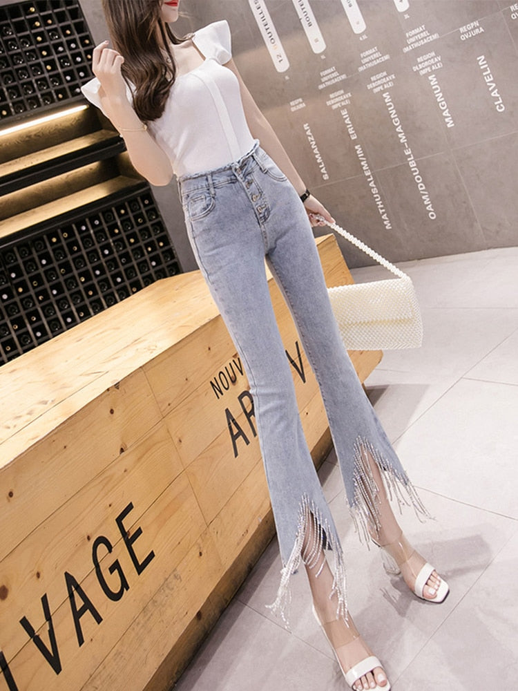 woloong spring new Flare Set auger Jeans Woman Denim Trousers Vintage Women Clothes Fall High Waist Pants Stretchy Jeans