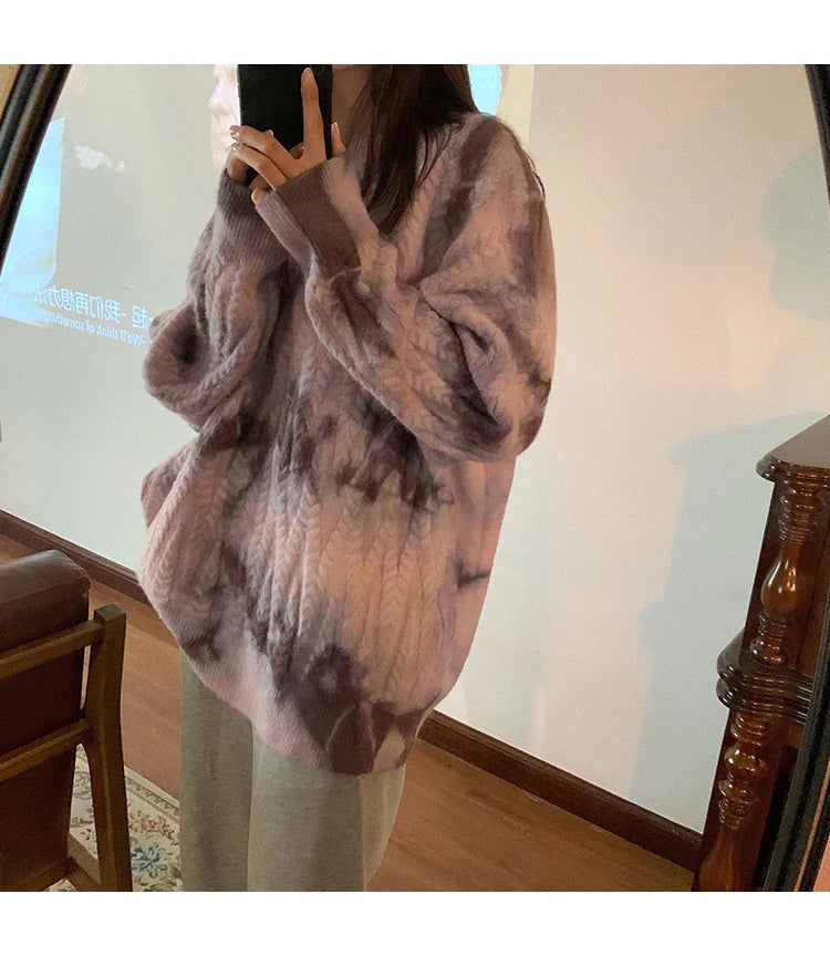 Winter Women Purple Sweater Crew Neck Twist Tie Dye Korean Fashion Lazy Wind Loose New Pullover Long Sleeves Knitting Tops