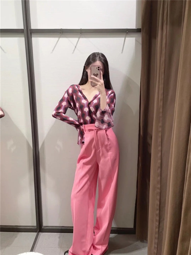 woloong New Pink Pants Women High Waist Wide Leg Trousers Woman Casual Baggy Pant Suits Spring Streetwear Wide Pants