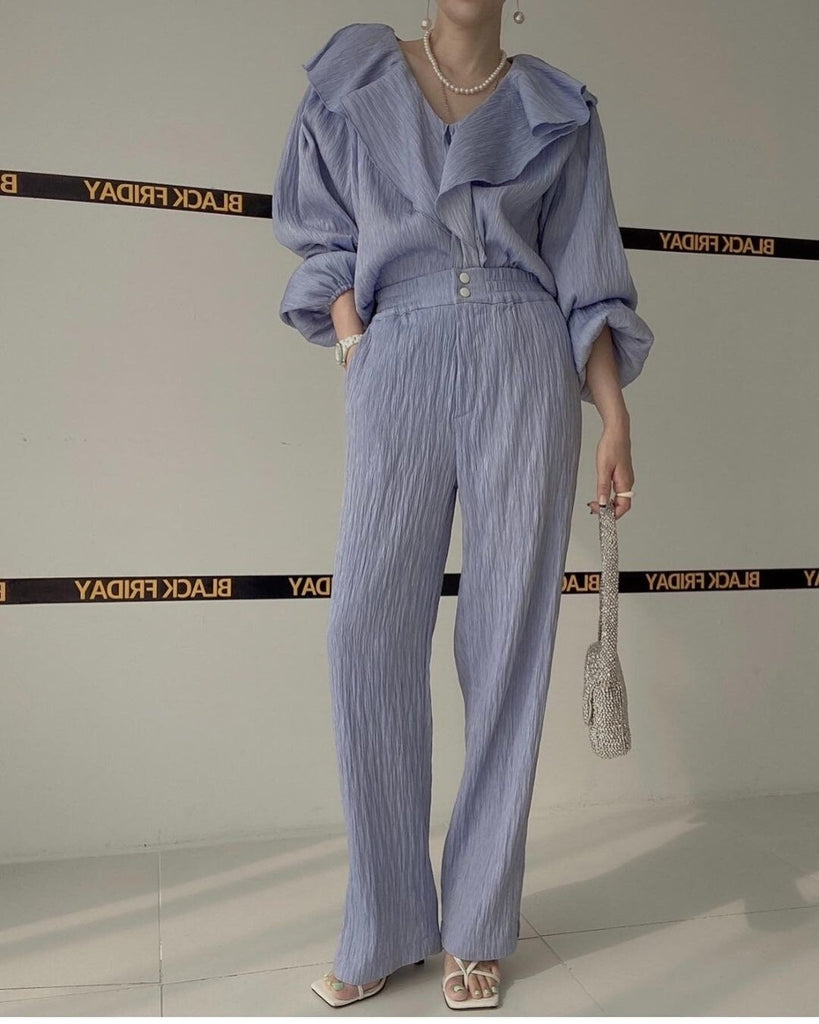 Ruffle Spliced V-neck Shirt + High Waist Wide Leg Pants Set Female  Autumn New Women Solid Loose Two-piece 16T577