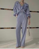 Ruffle Spliced V-neck Shirt + High Waist Wide Leg Pants Set Female  Autumn New Women Solid Loose Two-piece 16T577