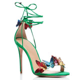woloong Green Yellow Butterfly Sandals Back Lace Up Blue Red Thin High Heel Sandals New Summer Shoes For Women Stilettos Sandals