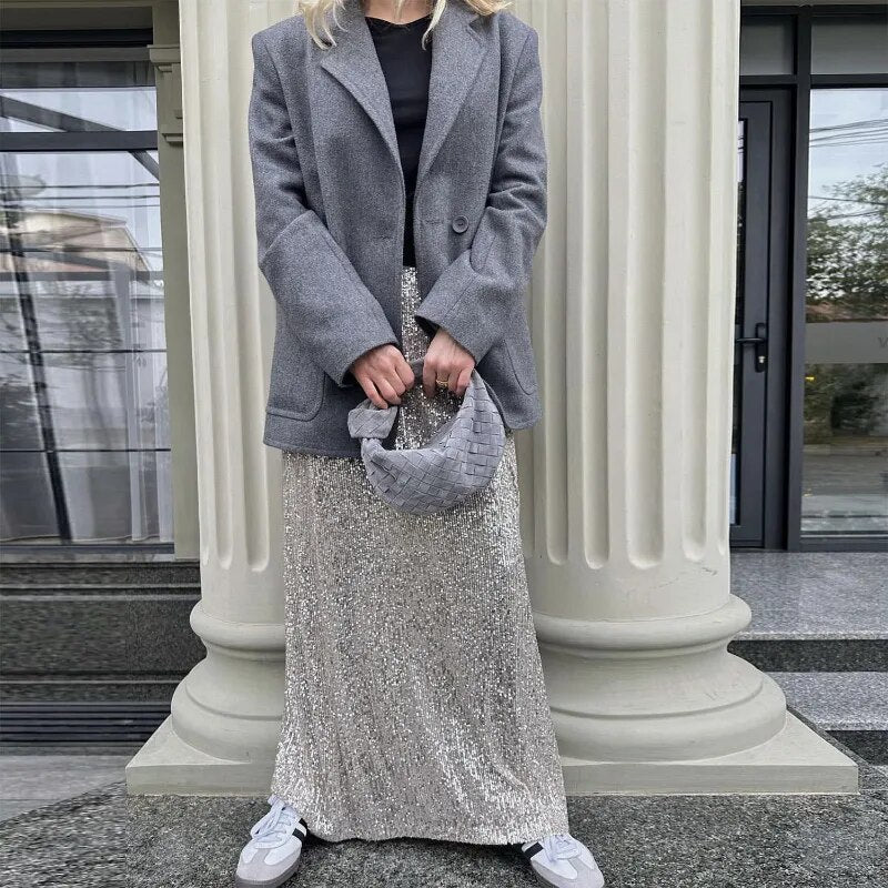 Sequin Female Sexy Maxi Skirt Summer Fashion Glitter High Waist Loose Elegant Club Long Skirt Sparkle Women Long Skirt New