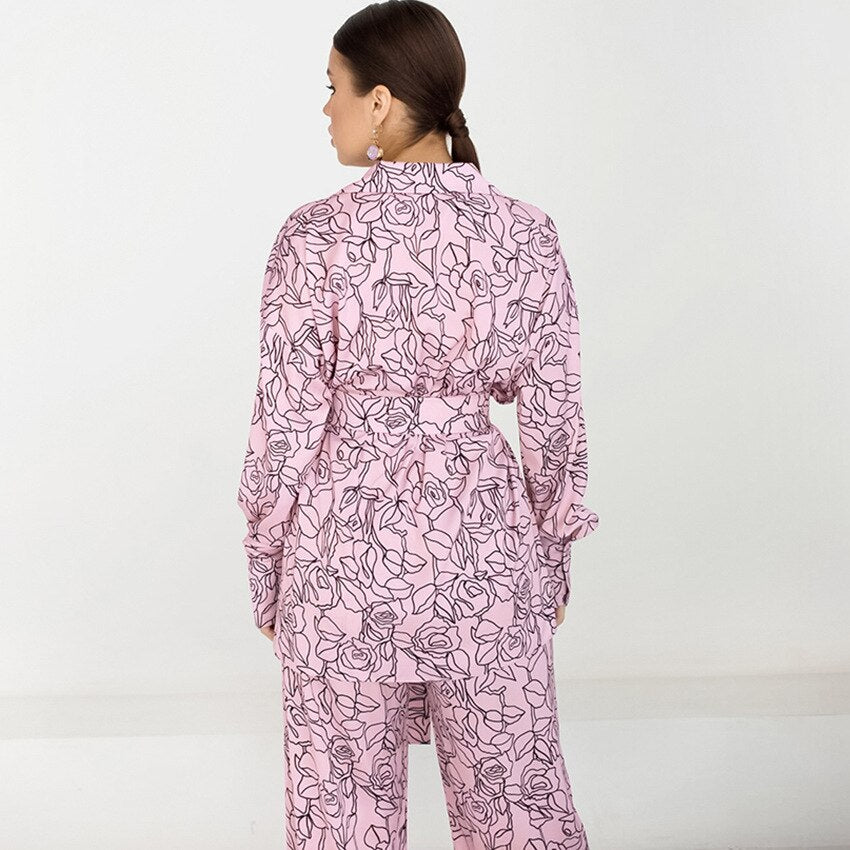 Flowers Print Feather Sleeves Sleepwear Abstract Pattern Loungewear Women Pajama Fashion Women's Clothing Sets Suit