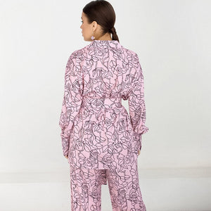 Flowers Print Feather Sleeves Sleepwear Abstract Pattern Loungewear Women Pajama Fashion Women's Clothing Sets Suit