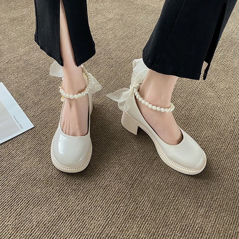 woloong  Women Pumps New Mary Jane Shoes Beaded T-straps Square High Heel Platform Black Beige Retro Lolita Shoes Dress Party Shoes