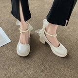 woloong  Women Pumps New Mary Jane Shoes Beaded T-straps Square High Heel Platform Black Beige Retro Lolita Shoes Dress Party Shoes