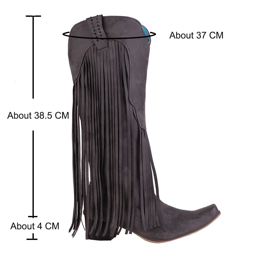 woloong  New Arrival Cowboy Western Long knee-high Boots Women Stacked Heeled Fringe Retro Casual Ridding Boots Autumn Shoes