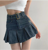Summer New Denim Short Skirt Women Retro Sexy High Waist A-line Pleated Skirt Ladies Korean Fashion Hot Girl Style Skirt