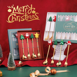 4pcs Cutlery Spoon Fork Coffee Dessert Christmas Gift Box Elk Santa Claus Christmas Decoration Ornaments Xmas Noel New Year