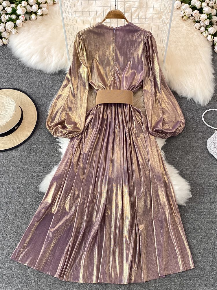 Spring New Women French Loose Midi Dress With Belt Elegant Long Sleeve A-line Lady Clothes  Autumn Female Birthday Party Robe