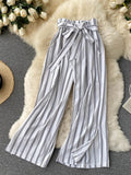 goosudu Summer New Fashion All-match Women's Casual Pants Retro Striped Color Slim Long Slit Wide Leg Pants DK1053