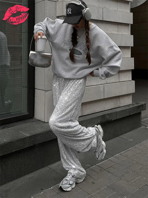 Silver Sequin Female Trousers High Waist Casual Luxury Party Outfit Trousers Fashion High Street Sparkle Straight Legg New