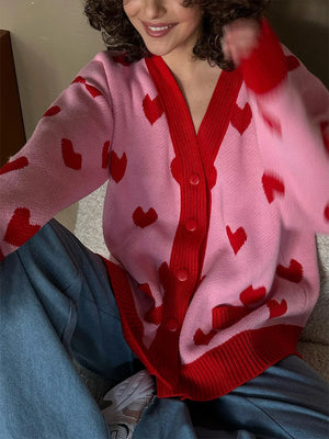 Christmas Love Pattern Knitted Cardigans Women Long Sleeve Button Quilted Knitwear Sweater Fall Casual Loose Fashion Streetwear New Year