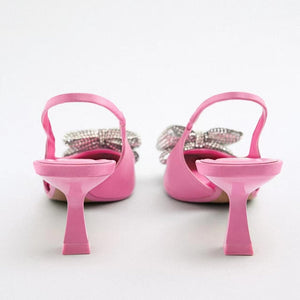 woloong  Summer Sandals Luxury Women New Cute Fashion Pink Bow Tie Rhinestone Pointed High Heels Sexy Pumps Plus Size 35-41