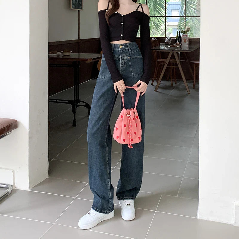 High Waist Wide Leg Jeans for Women Korean New High Street Loose Trousers Blue-gray Straight Denim Pants Women S-XL
