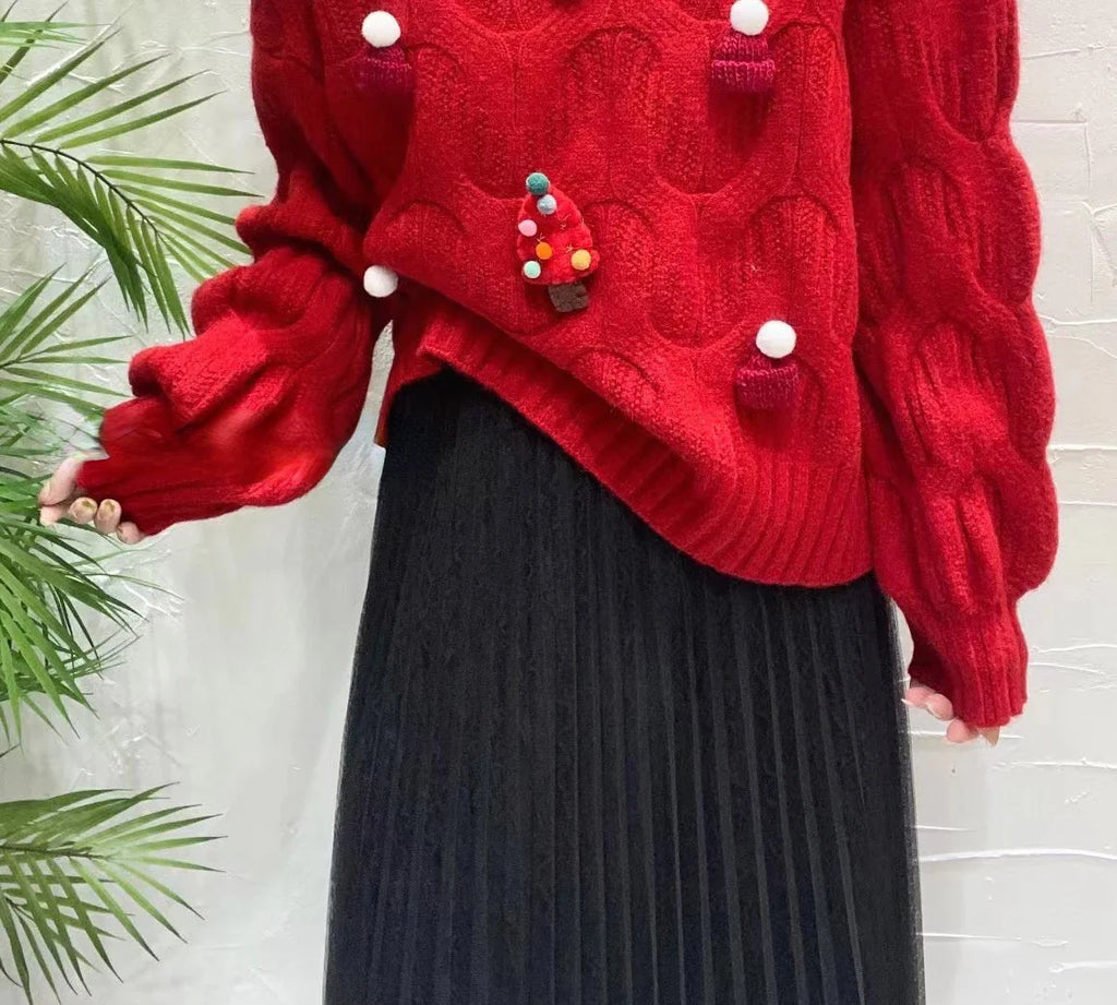 Christmas Tree Appliques Loose Pullovers Women O-neck Long Sleeve Knitted Sweaters Female Autumn Winter New Arrival Pull Femme New Year