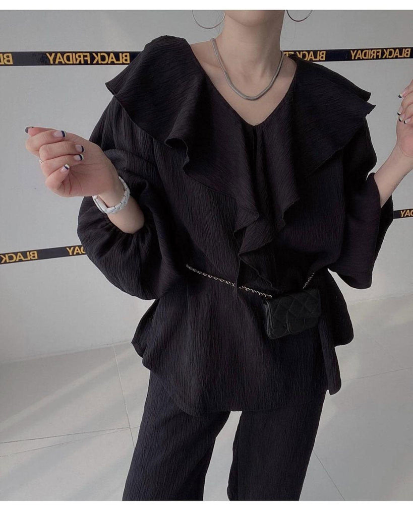 Ruffle Spliced V-neck Shirt + High Waist Wide Leg Pants Set Female  Autumn New Women Solid Loose Two-piece 16T577
