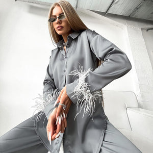 Elegant Sleepwear Pajama Pants Suit Woman Fashion Long Sleeve Feather Blouses Loose Long Pants 2 Piece Sets Womens Outfits