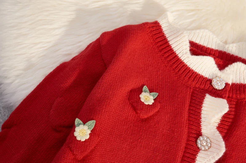 Chic Korean Fashion Flower Pattern Red Christmas Cardigan Sweaters Autumn Winter Long Sleeve Y2K Aesthetic Knitted Tops Christmas New Year