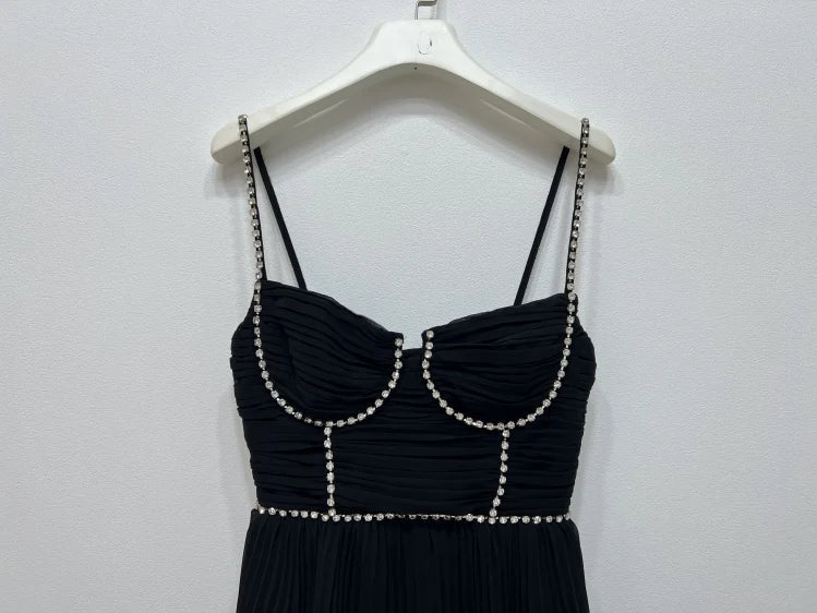 Top Quality Women Dress Early Autumn New  Light Luxury Black Blut Chiffon Pleated Cake Suspender Midi Dress