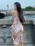 Spaghetti Strap Party Dresses For Women  Summer New Irregular Print Ruched Sleeveless Slim Waist Midi Dress Vestidos