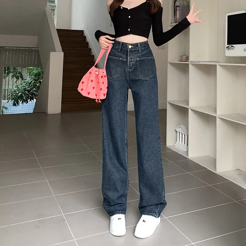 High Waist Wide Leg Jeans for Women Korean New High Street Loose Trousers Blue-gray Straight Denim Pants Women S-XL