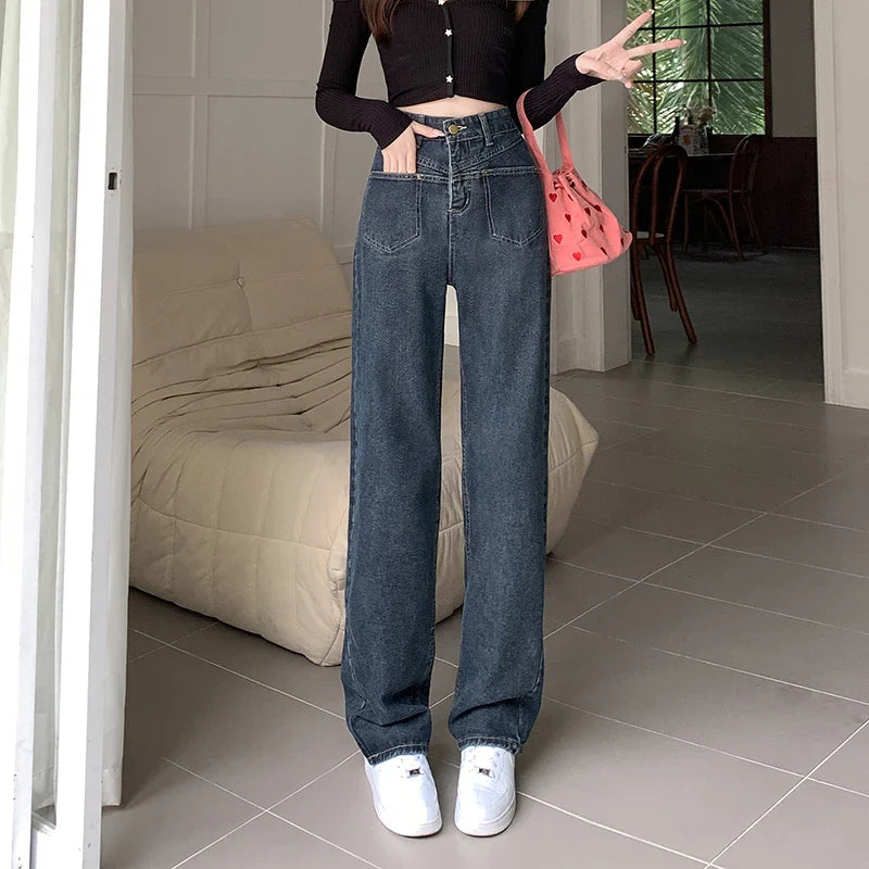 High Waist Wide Leg Jeans for Women Korean New High Street Loose Trousers Blue-gray Straight Denim Pants Women S-XL