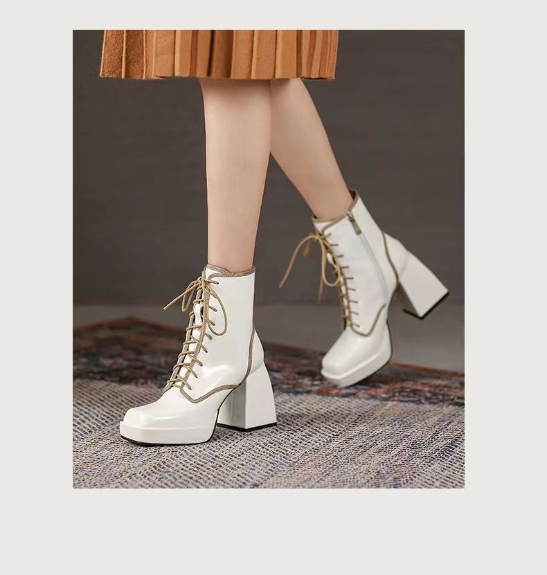woloong  Thick Heel  Boots Autumn Winter New Fashion Side Zipper Lace Non-slip Waterproof Platform Thick-soled Women's Boots ANKLE