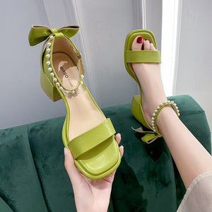 woloong Brand Ladies Sandal Spring New Fairy Pearl Sandals Sweet Square Heel with Mesh Crystal Temperament High Heels Tenis Masculino