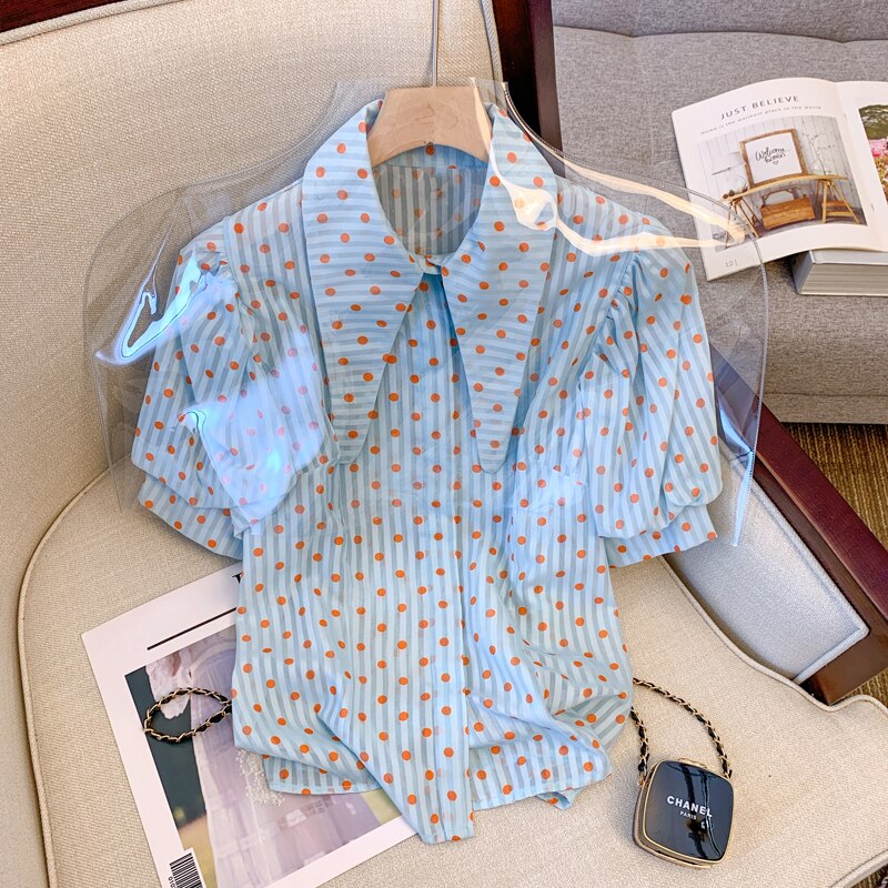 Button Up Shirt Women Tops Polka Dots French Blue Blouses Puff Sleeve Turn-Down Collar Chic Sweet Casual Summer New