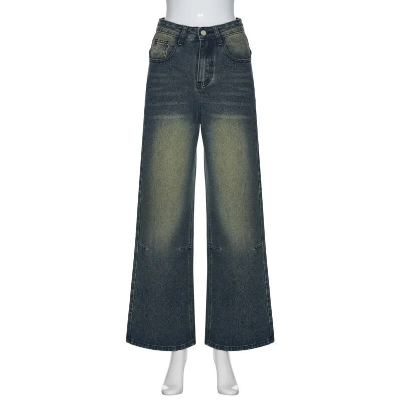 Vintage Wide Leg For Women Jeans Fashion New Jean Streetwear Zipper Pocket High Street Female Y2k Denim Trousers