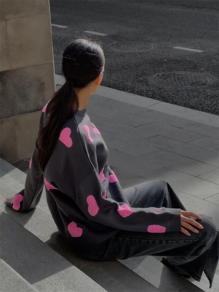 Love Embroidery Women's Knitting Sweaters Sweet Chic Long Sleeved O-neck Pullovers  New Female Casual Fashion Sweater