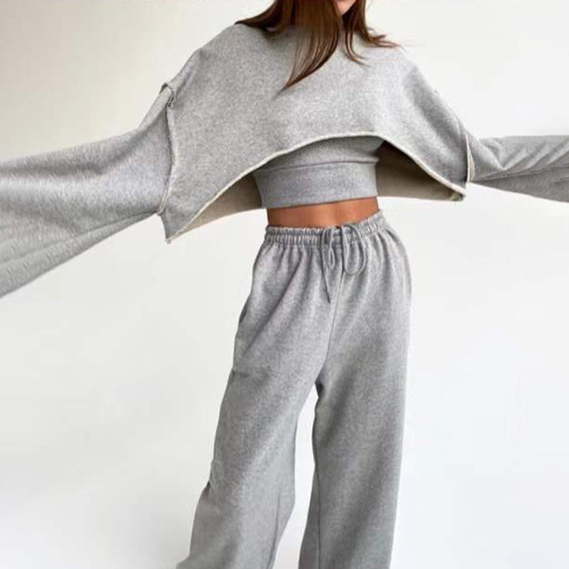 woloong  White Three Piece Set For Women O Neck Long Sleeve Tops Sleeveless Vest Wide Leg Pants Female Casual Sets New