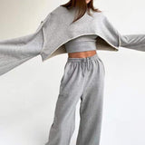 woloong  White Three Piece Set For Women O Neck Long Sleeve Tops Sleeveless Vest Wide Leg Pants Female Casual Sets New