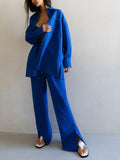 Cotton Homewear Shirt Long Pants 2 Piece Set Female Long Sleeve Shirt Suit High Waist Lace Up Slit Wide Leg Pants Set
