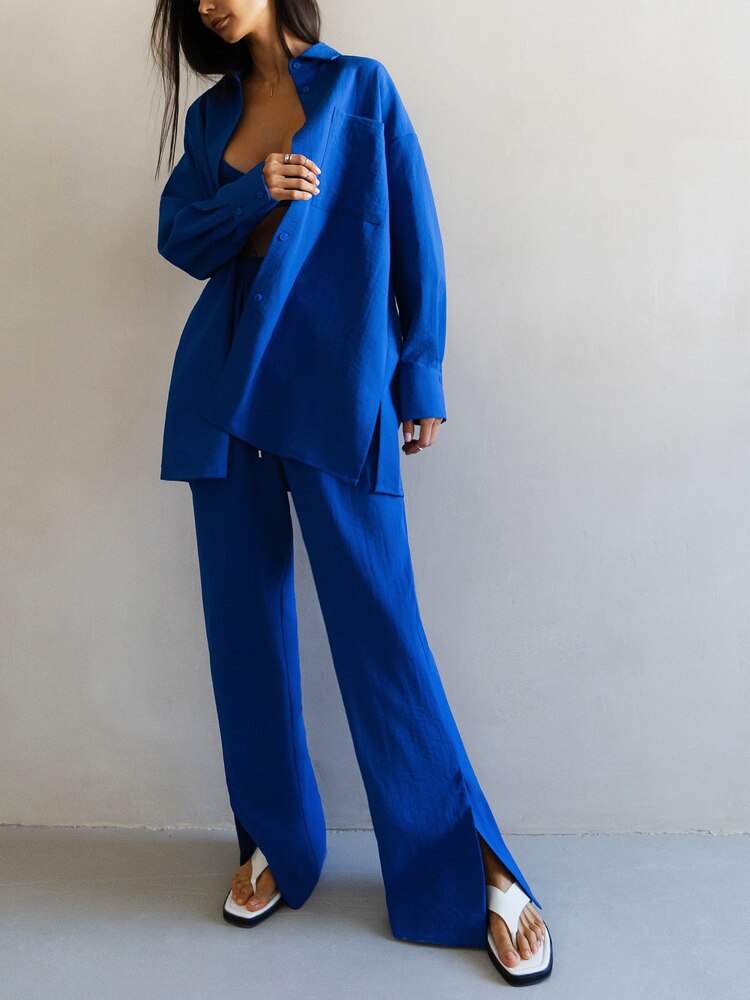 Cotton Homewear Shirt Long Pants 2 Piece Set Female Long Sleeve Shirt Suit High Waist Lace Up Slit Wide Leg Pants Set