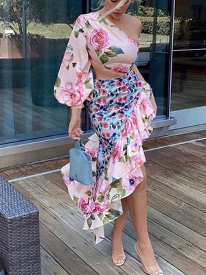 goosudu Summer New Ladies Fashion Tube Top Single Sleeve + Waist Splicing Skirt Sexy Elegant Ladies Asymmetric Skirt Suit