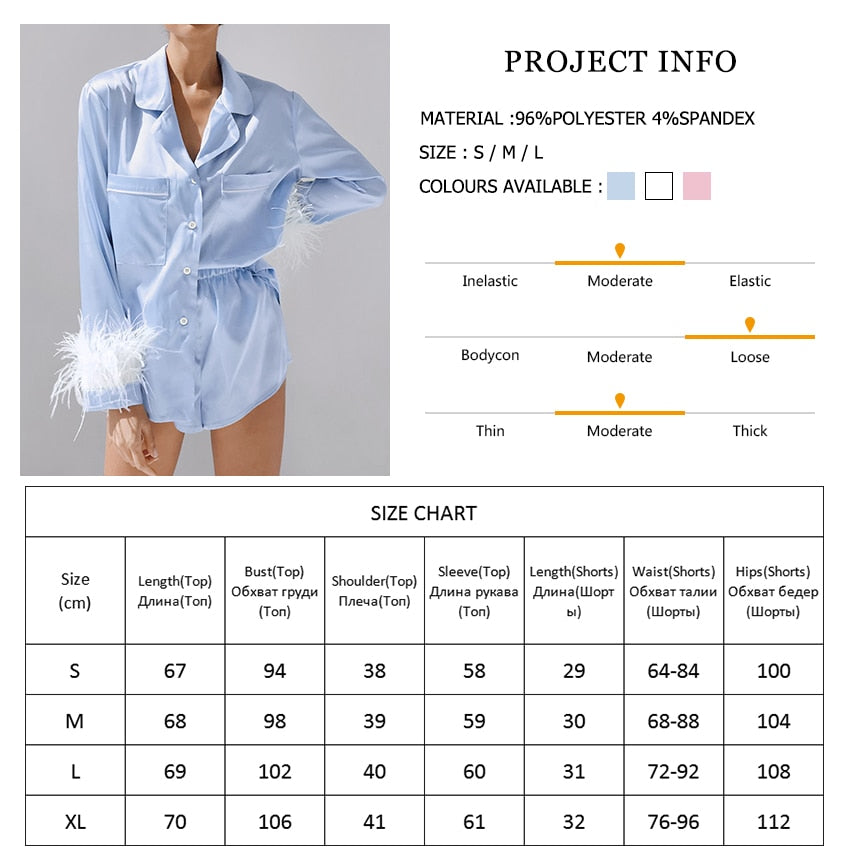 Trendy Women Pajamas Set Autumn Casual Lapel Tops + Feather 2Pcs Pants Suits Sexy Lingerie Nightwear Silk Satin Pyjamas pjs Suit