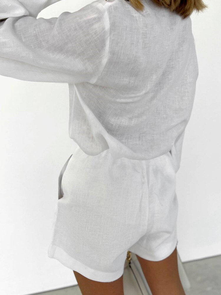 Linen Lantern Sleeve Blouses Shorts 2 Pieces Suits Cotton Loose Shorts Patchwork Tops Sets Fashion Women Vacation Outfits