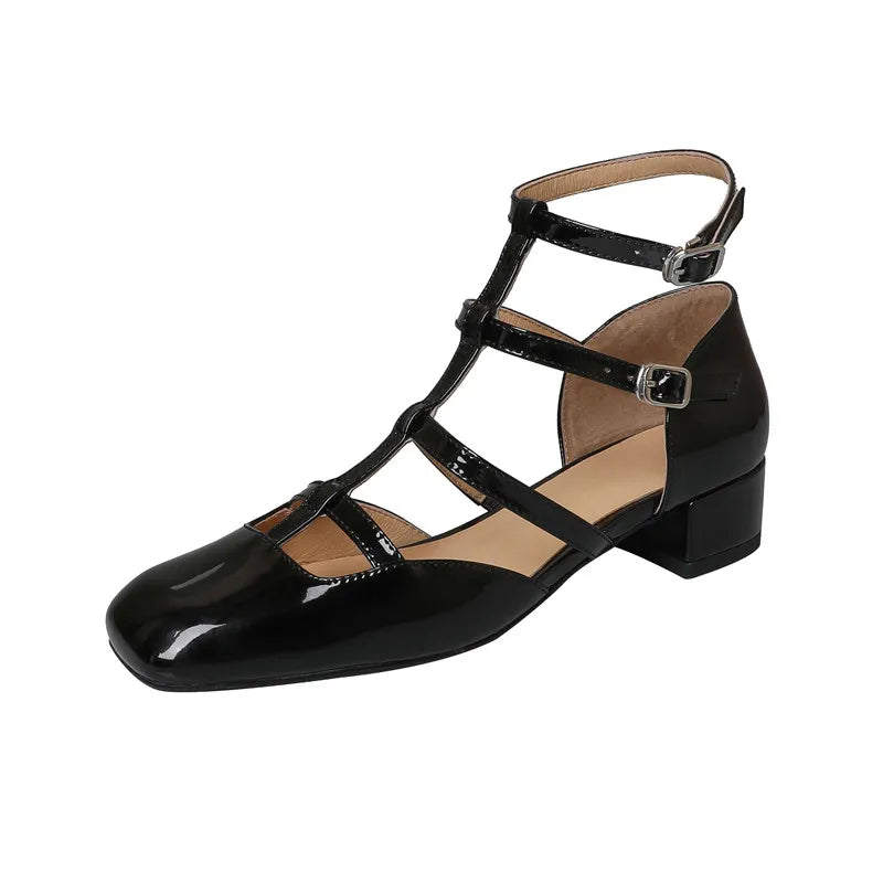 Fashion Sandals Women New High Real Genuine Leather Square Head Slim Strap Buckle Roman Style High Heels Summer Versatile