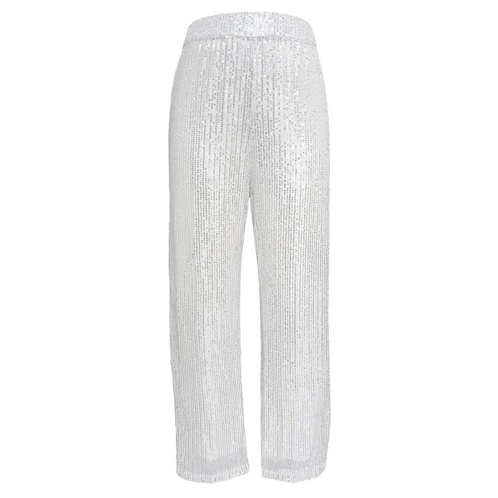 Silver Sequin Female Trousers High Waist Casual Luxury Party Outfit Trousers Fashion High Street Sparkle Straight Legg New