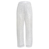 Silver Sequin Female Trousers High Waist Casual Luxury Party Outfit Trousers Fashion High Street Sparkle Straight Legg New