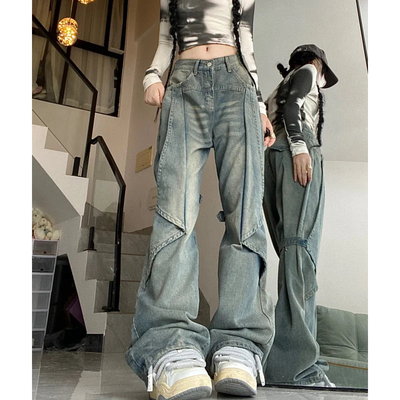 Blue Women Jeans Vintage High Waist Chic American Fashion Y2K Streetwear Wide Leg Jean Female Trouser  NEW Baggy Denim Pants
