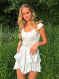 White Dots Women Sleeveless Romper Tiered Wide Leg Summer Playsuit Elastic Smocking Square Collar Overall