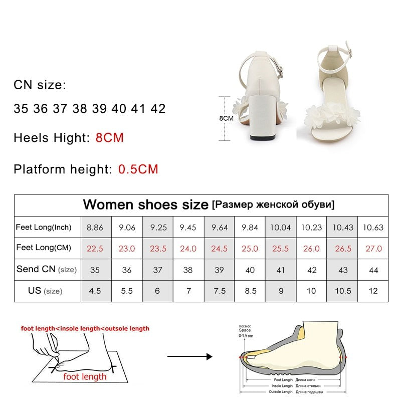 woloong  Flowers White High Heels Sandals Women New Summer Shoes Women Fashion Buckle Strap Square Heel Open Toe Sandals handmade